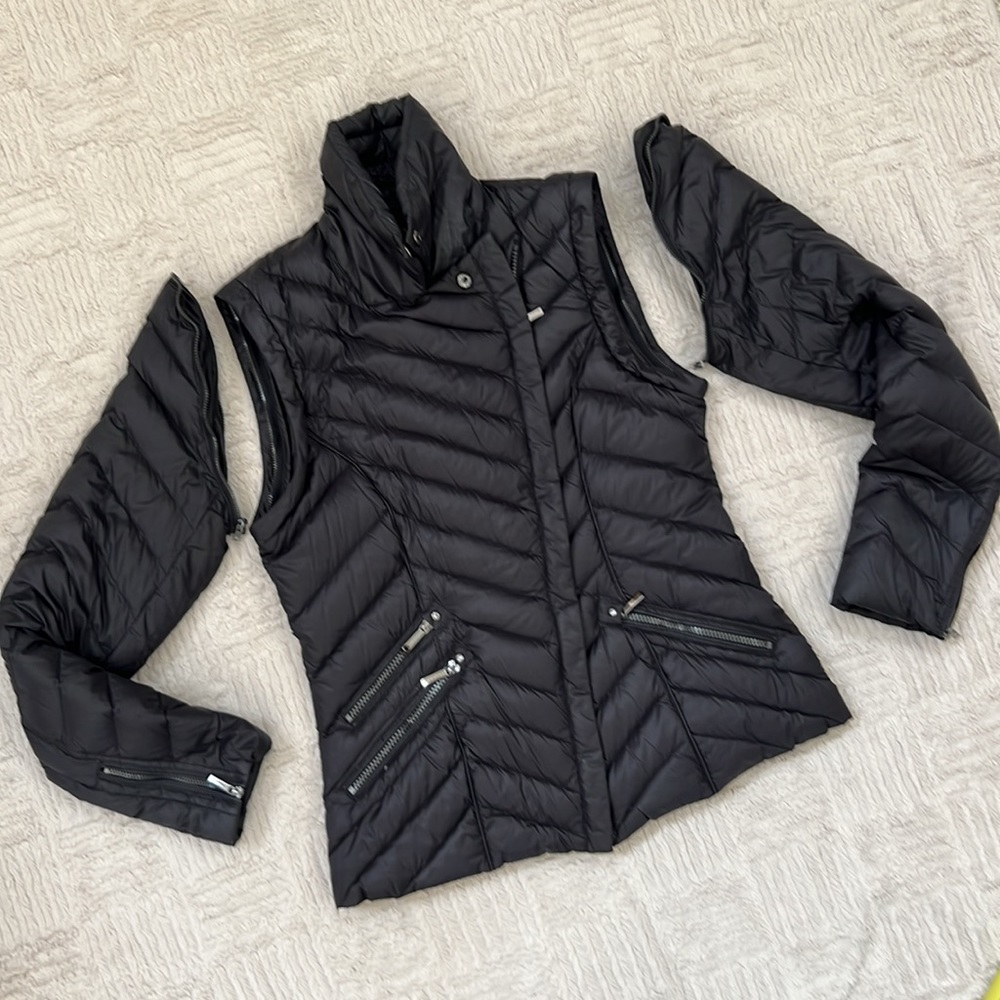 Laundry down & feather filled puffer moto jacket coat vest asymmetrical,
Black M